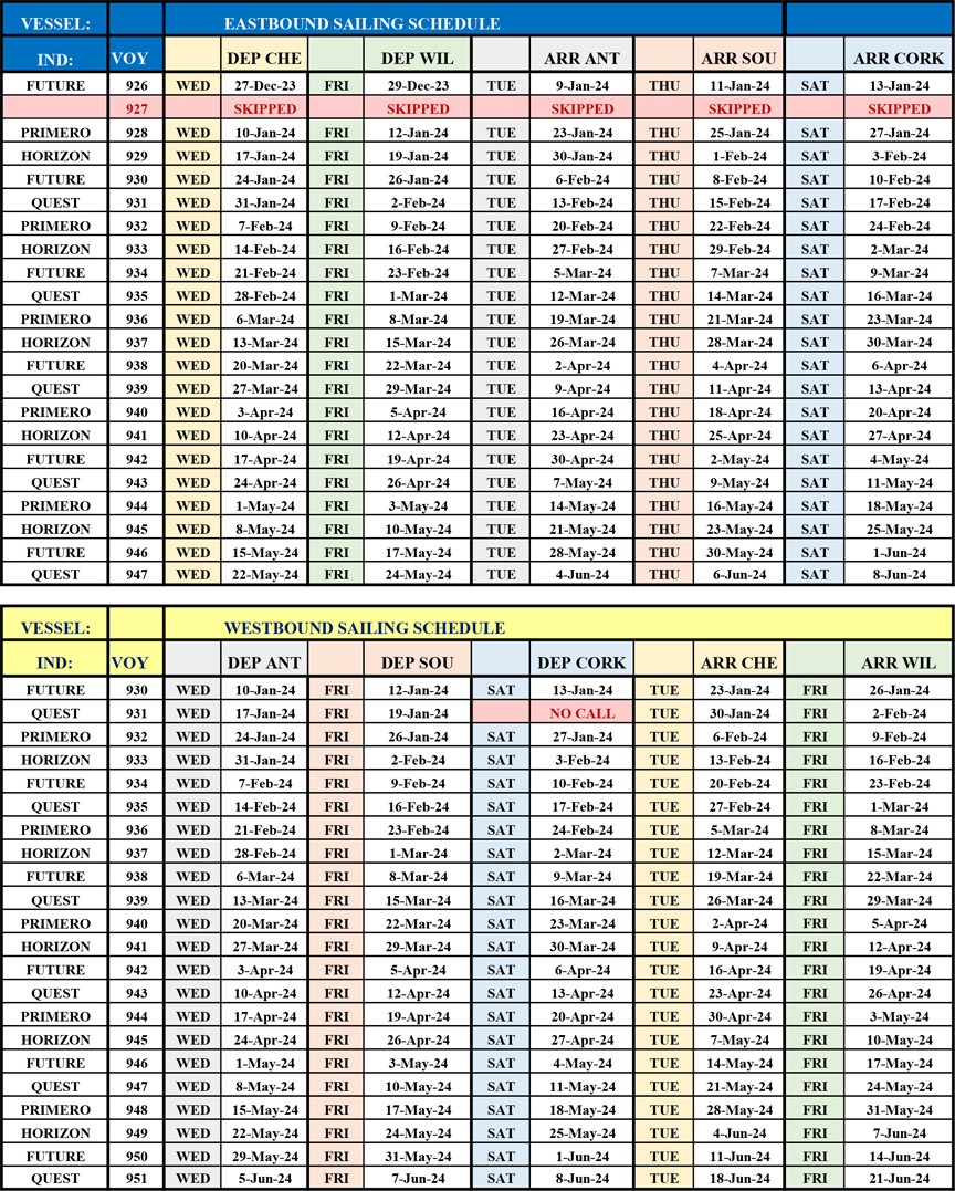 Fixed Weekly Schedule | Independent Container Line ICL